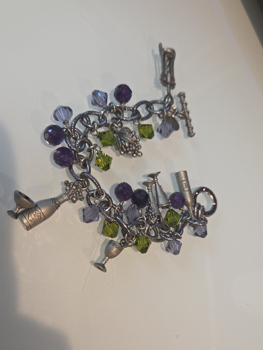 Silver Charm Bracelet with Purple and Olive Crystal Beads 6 1/2 Inches